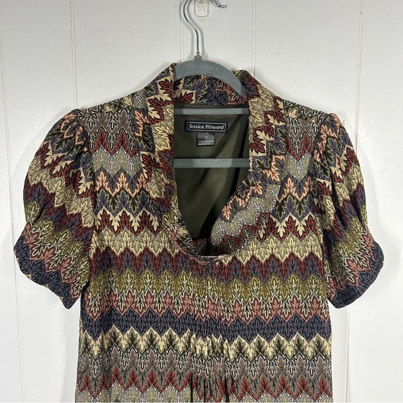 Jessica Howard Brown and Green Chevron Pattern Short Sleeve Dress 12 - Picture 4 of 7